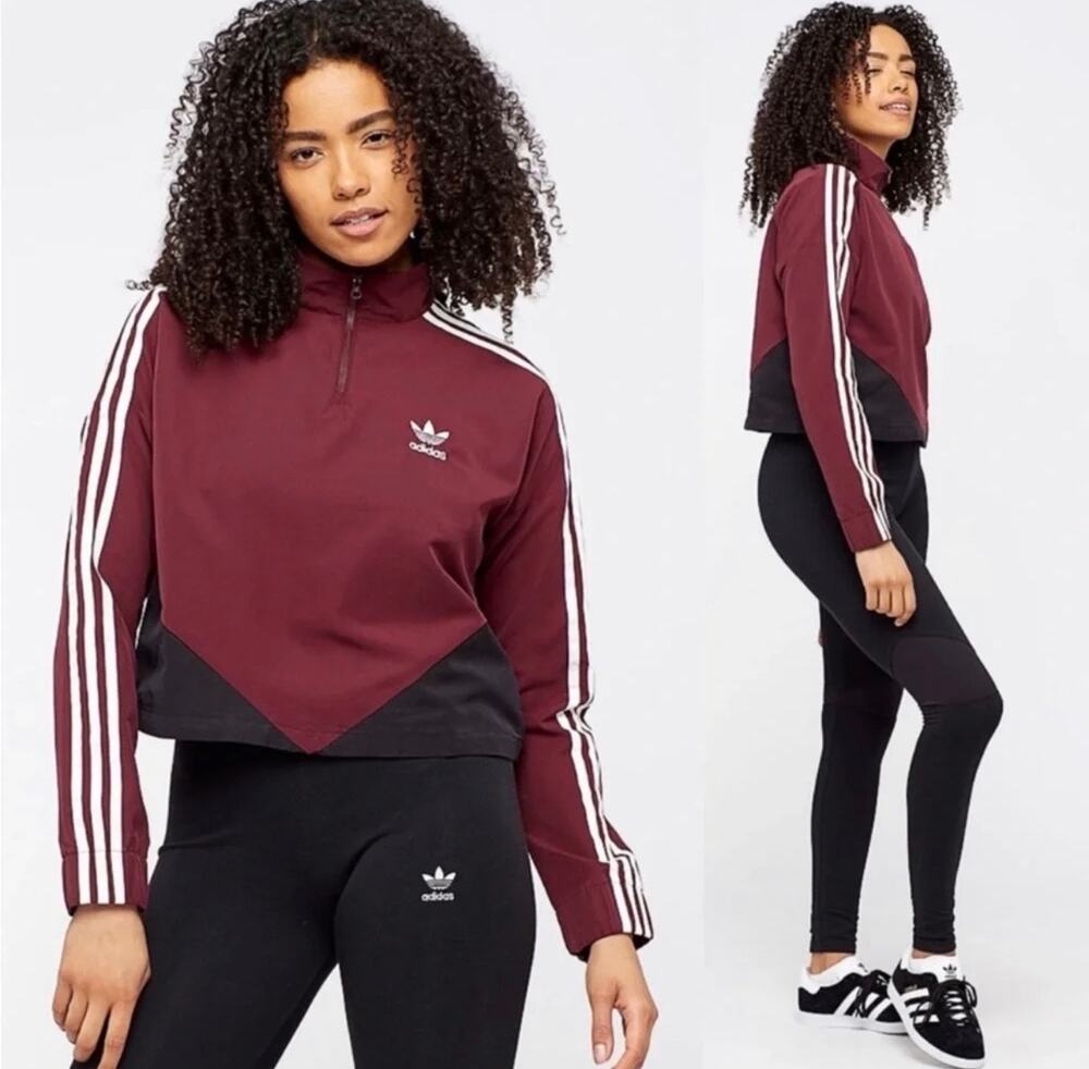 NWOT Adidas Originals Size Small Oversized Cropped 1/4 Zip Track Jacket Burgundy